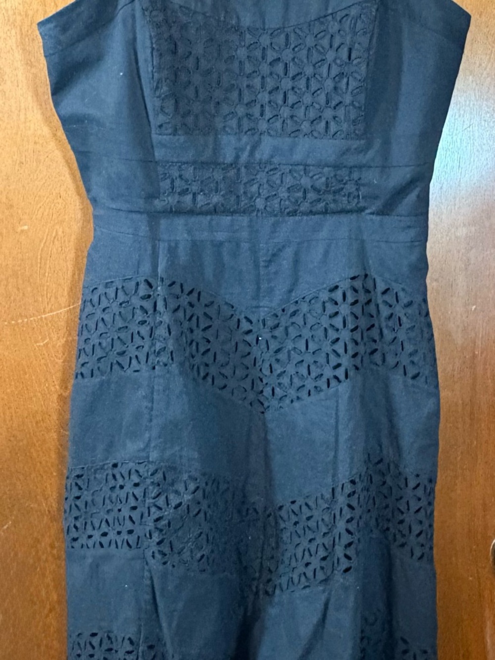 White House Black Market Black Midi Dress with Eyelet Chevron Panels - Picture 2 of 8